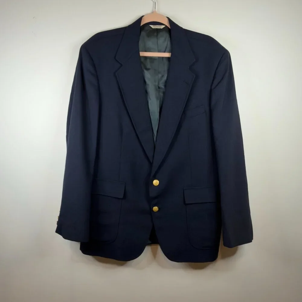 Vintage London Fog Navy Blue Two-Button Blazer Size 44R Mens Large XL 70s 80s